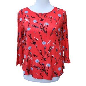 Tom Tailor Red Floral Print Blouse 3/4 Sleeves Criss-Cross Back